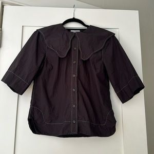 Ganni black poplin top with exggaerated collar